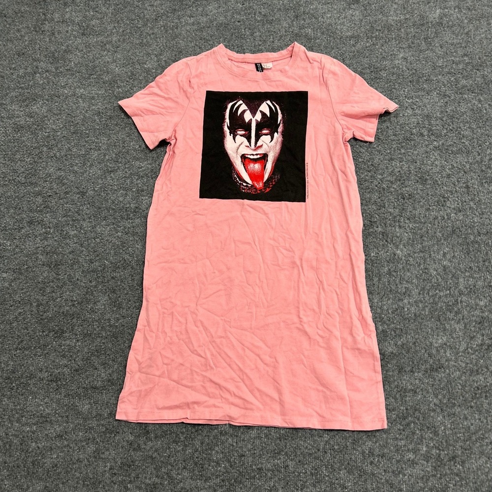 H&M T-Shirt Dress Womens Size 4 Pink KISS Gene Simmons Graphic Cotton Mini